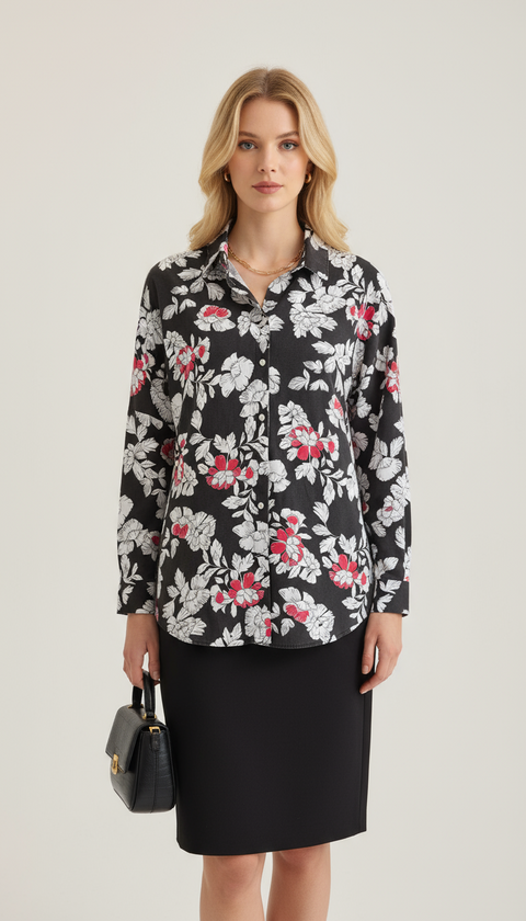 Kırmızı beyaz çiçek desenli füme gömlek