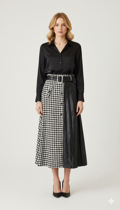 Yan kısmı deri kemer detaylı kaz ayağı desenli maksi boy etek