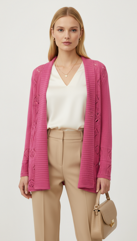 Kemerli delik desen pembe hırka