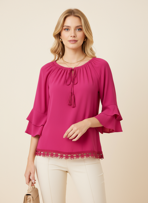 Önü bağlama detaylı kolları fırfırlı pembe