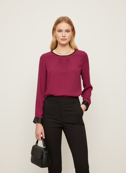 bordo yakası ribana geçişli bluz