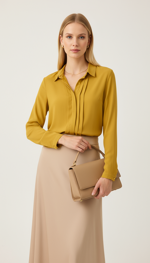 Ön kısmı üç şerit detaylı yağ yeşili gömlek