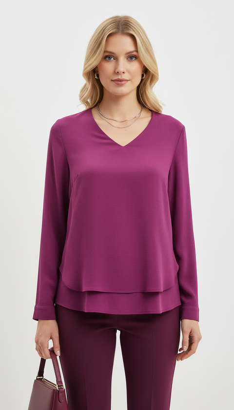 V yaka alt kısmı asimetrik kesim uzun kol mürdüm bluz