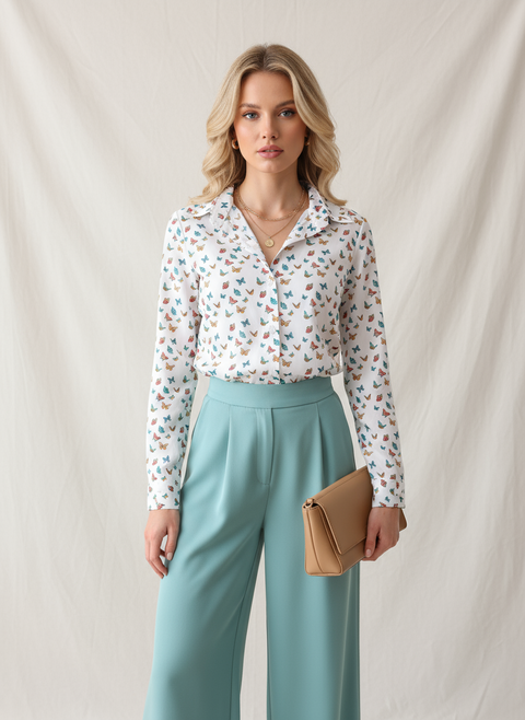 Kelebek desenli beyaz gömlek