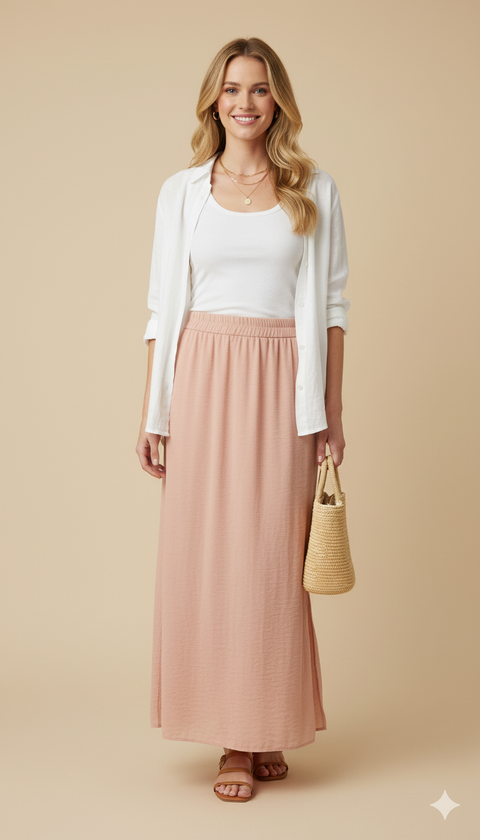 Beli lastikli yarım astarlı yanları yırtmaçlı pudra rengi maxi etek