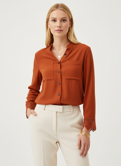 Altı dantelli arkası bağlama detaylı kiremit rengi gömlek