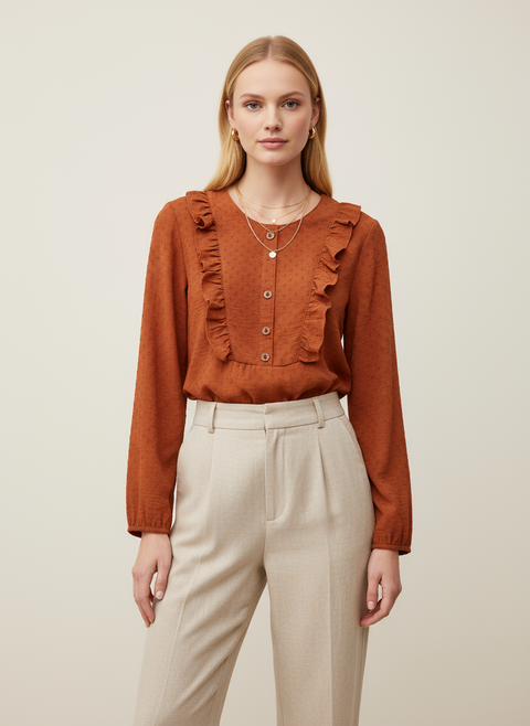 Kahverengi önü fırfır detaylı düğmeli bluz