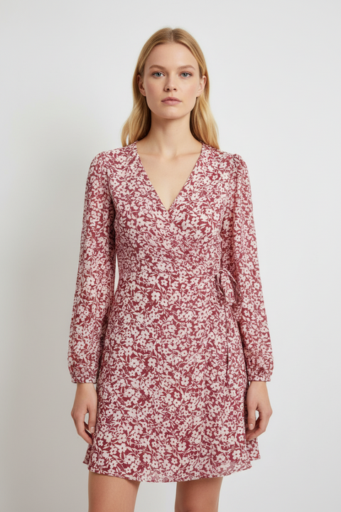 çiçekli bordo elbise