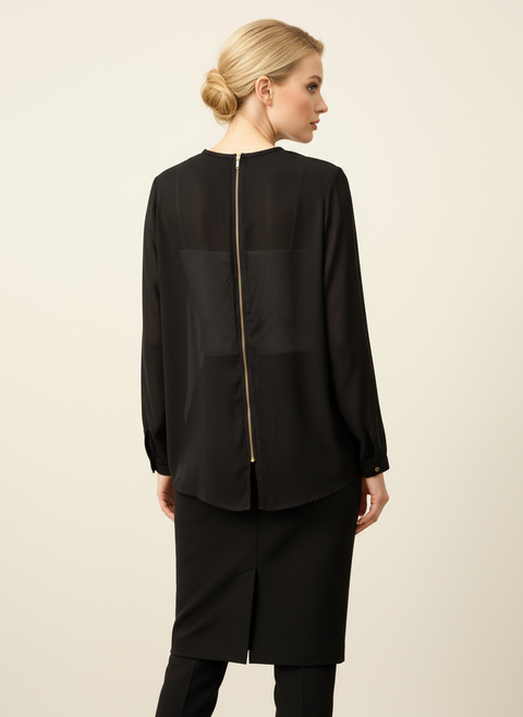 Siyah fermuarlı şifon bluz