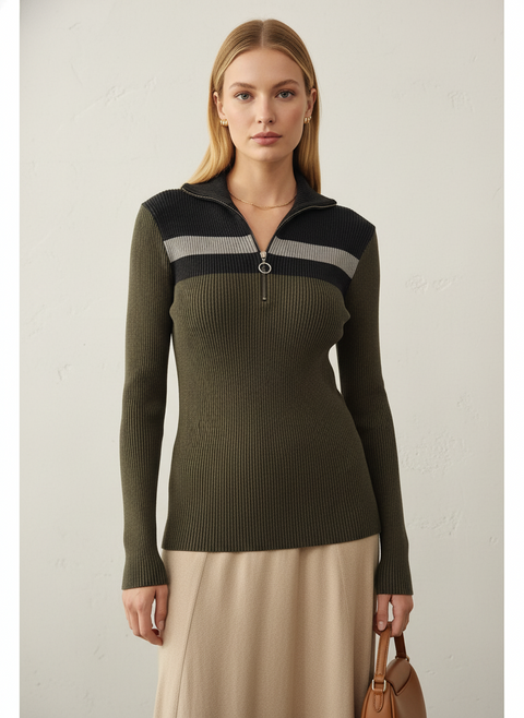 Önü fermuar detaylı yeşil kazak