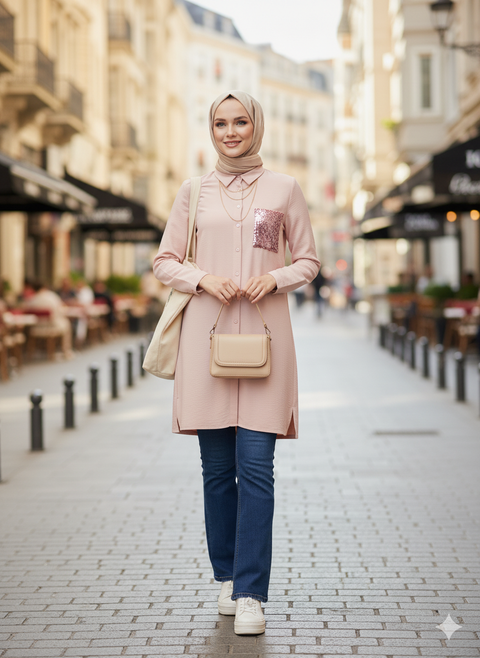 Toz pembe düğme detaylı toz pembe cep pul detaylı tunik