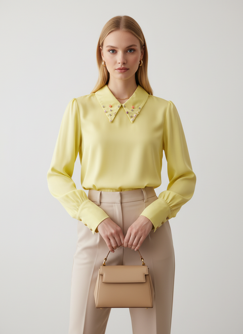 Su yeşili yakası taş detaylı bluz