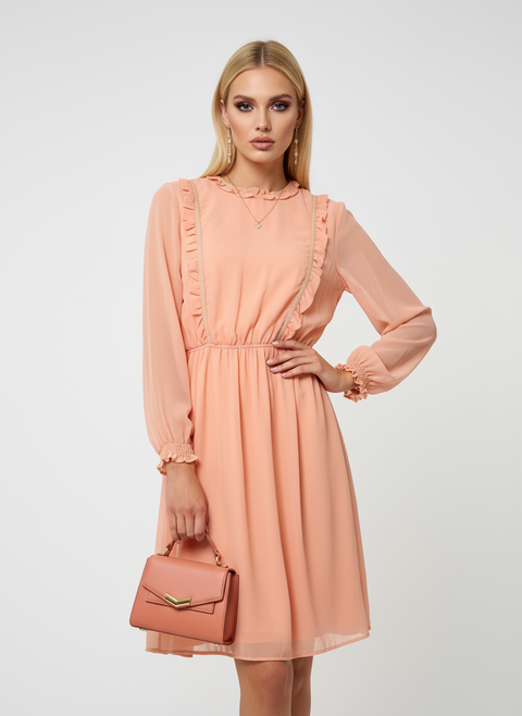 Yakası ince fırfır detaylı somon elbise