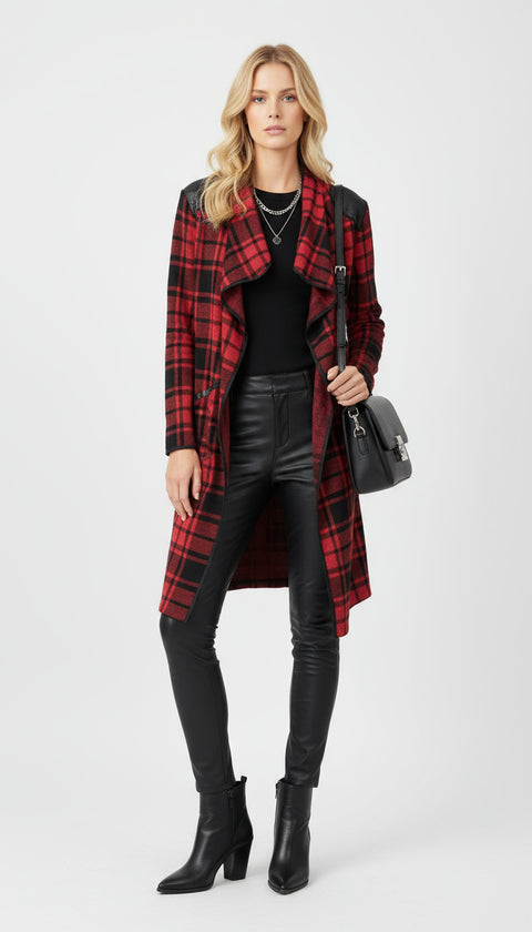 Deri detaylı kırmızı ekose ceket