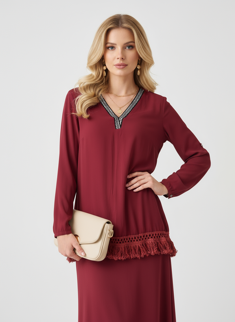 V yaka detaylı altı dantelli bordo bluz