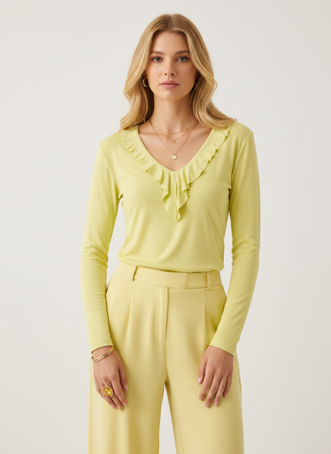 önü fırfır detaylı neon sarı bluz