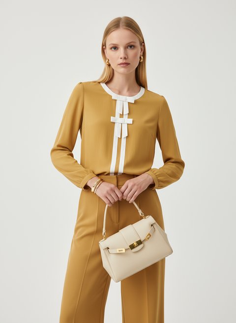 Önü kurdele detaylı hardal sarısı bluz