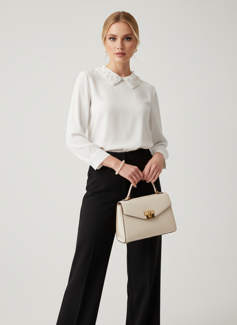 yakası inci detaylı beyaz bluz