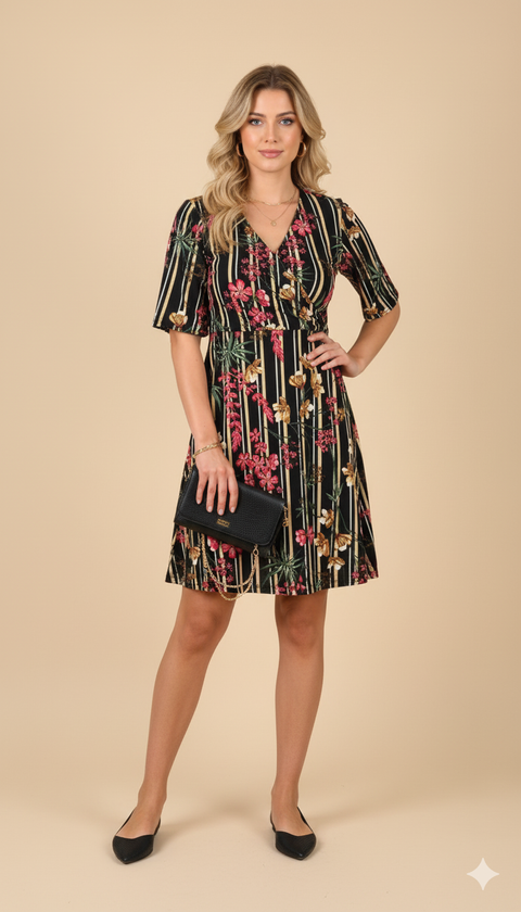 İspanyol Kollu Çiçek Desenli Mini Boy Elbise