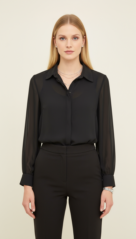 Transparan kollu siyah gömlek