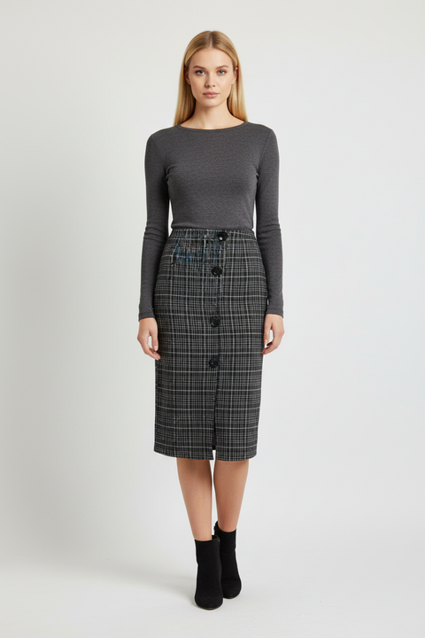 Desenli midi boy düğme detaylı etek