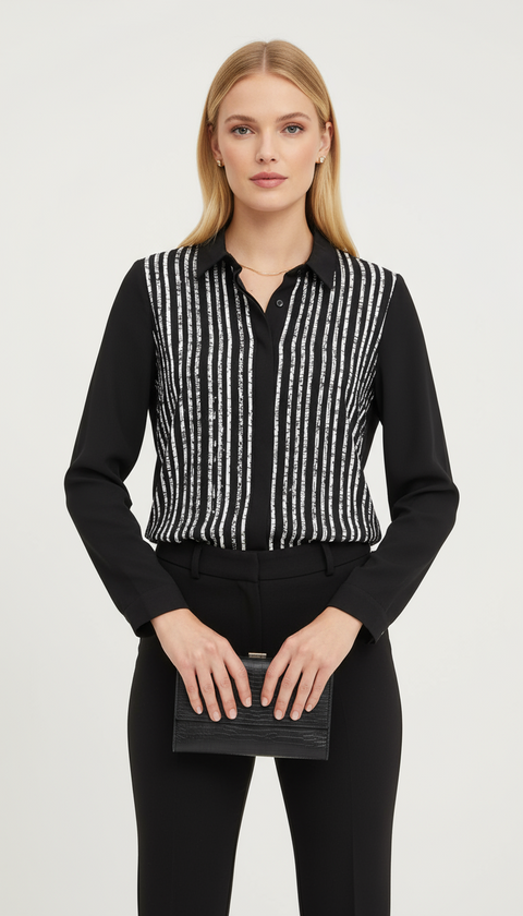 Önü beyaz çizgili siyah gömlek