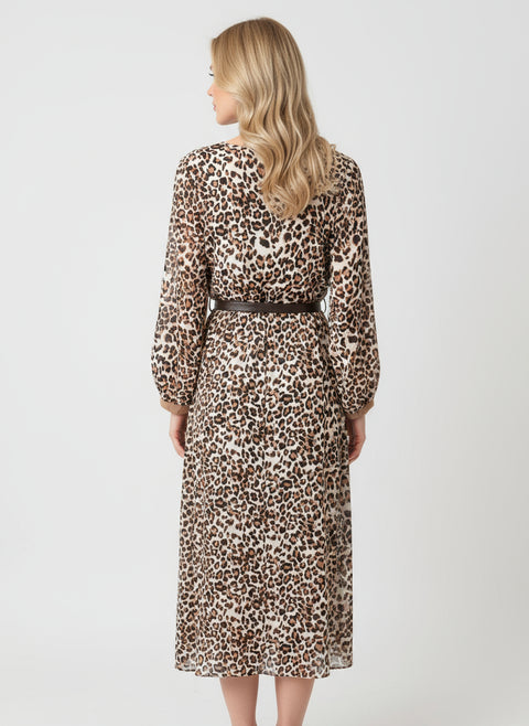 Kemerli leopar desenli elbise