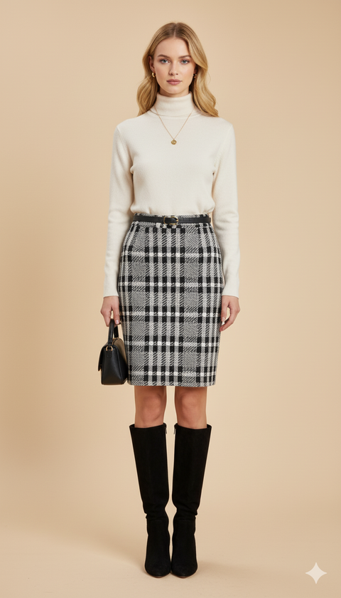 Siyah beyaz beli lastikli ekose kalem etek