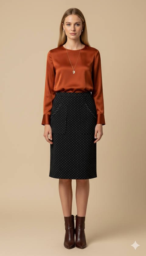 Ön kısmı cepli beyaz mini puantiye detaylı etek