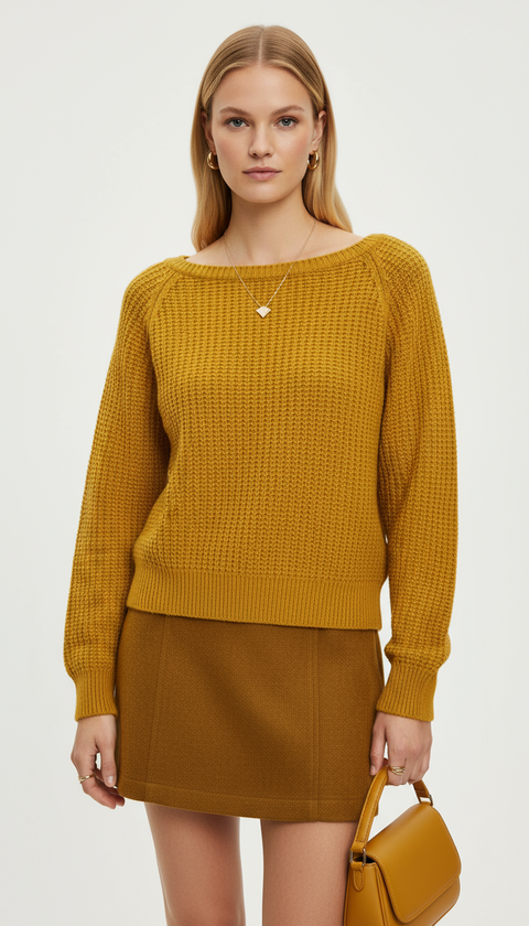 Kayık yaka sarı kazak