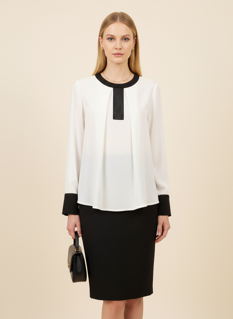 Siyah şeritli krem uzun kol bluz