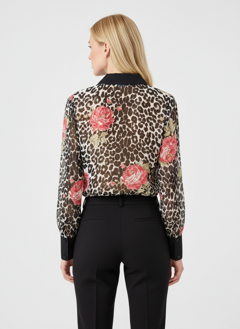 Leopar ve çiçek desenli bluz