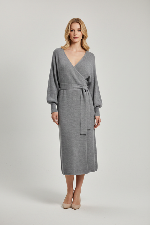 v yaka gri triko elbise