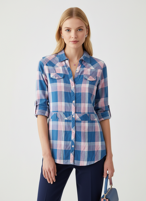 Ekoseli lacivert pembe gömlek