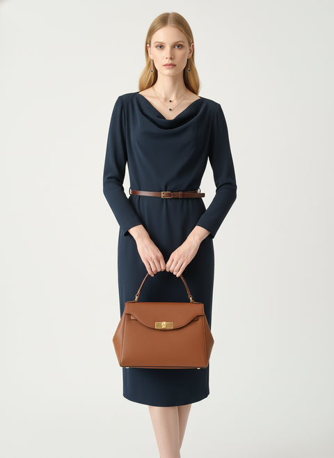 Degaje yaka kemerli lacivert elbise