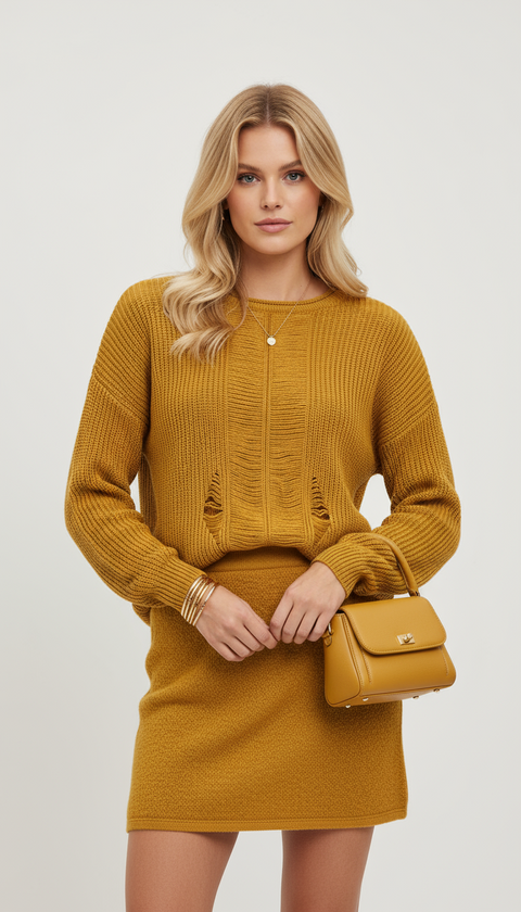 Yırtık model hardal sarısı kazak