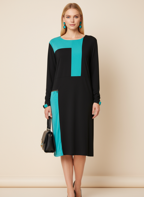 Siyah turkuaz asimetrik detaylı elbise