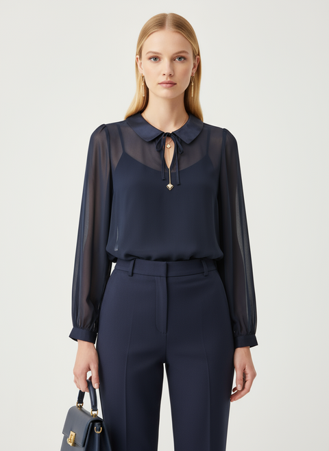 yakalı şifon lacivert bluz