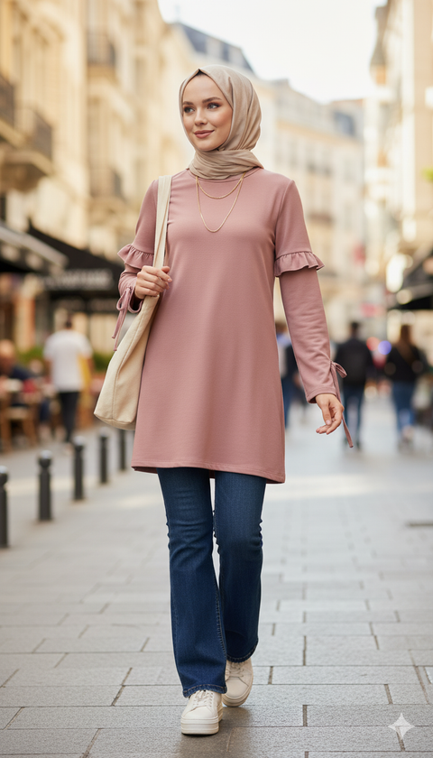 Kolları fırfırlı kol uçları bağlama detaylı pembe tunik