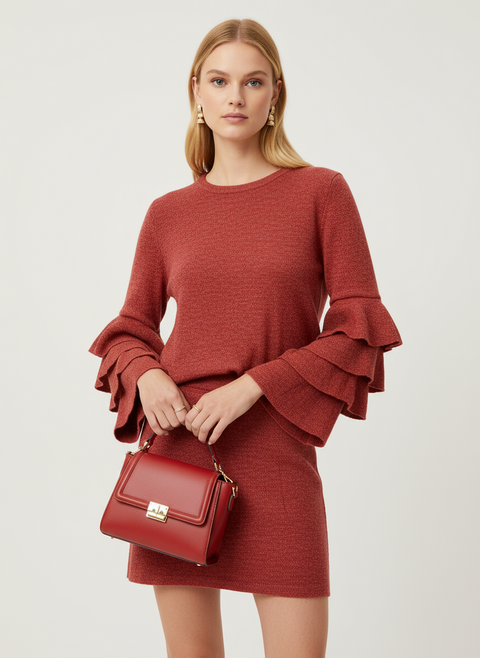 Kolları fırfır detaylı kırmızı kazak