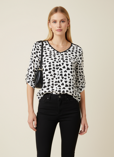 Kalp desenli kolları düğme detaylı bluz