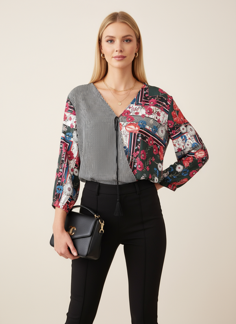 Çizgili ve çiçek desenli bluz