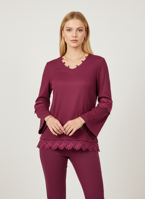 kolları ve alt kısmı dantel detaylı v yaka mürdüm bluz