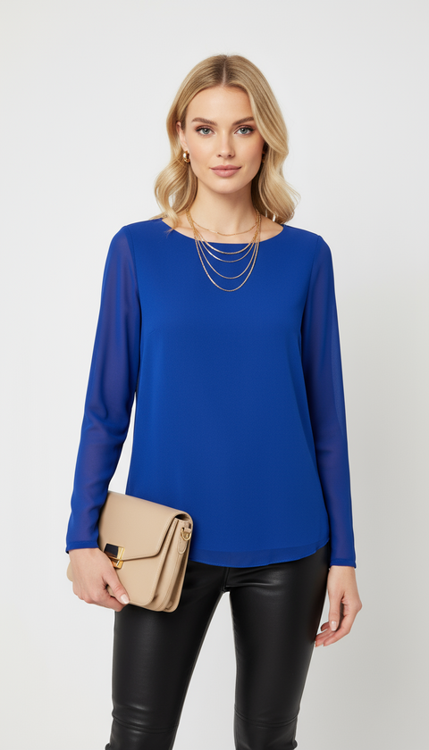 Kolları şifon transparan saks mavisi uzun kol bluz