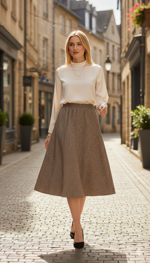 Kahverengi mini kareli etek