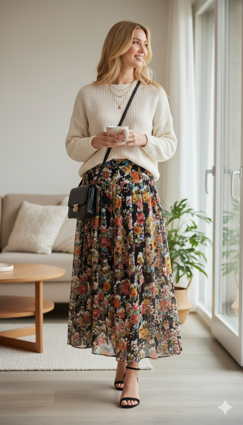 Siyah üzerine renkli çiçek detaylı yan fermuarlı kalın pileli içi astarlı maxi şifon etek