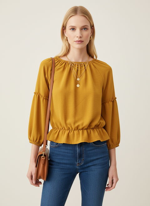 Kolları lastik detaylı sarı bluz