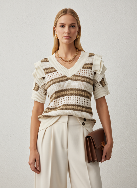 Tek kol kat detaylı v yaka beyaz kahverengi çizgili kazak