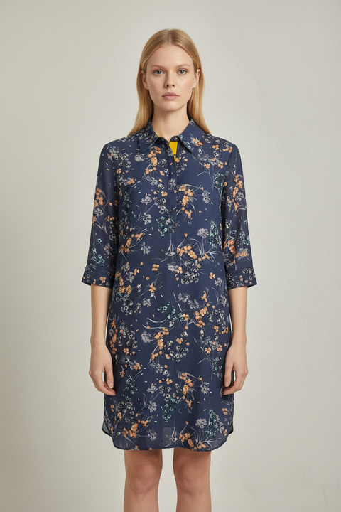 çiçek desenli lacivert elbise