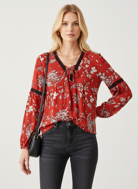 Çiçek desenli önü bağlamalı kırmızı bluz